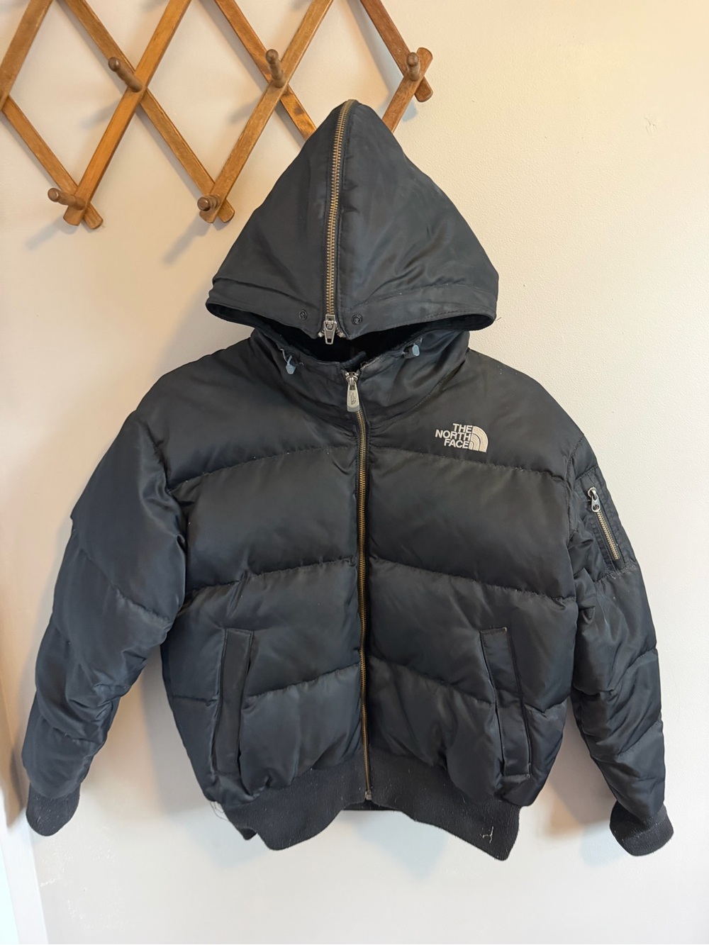 The North Face Black 550 Goose Down Hooded Bomber Jacket XS